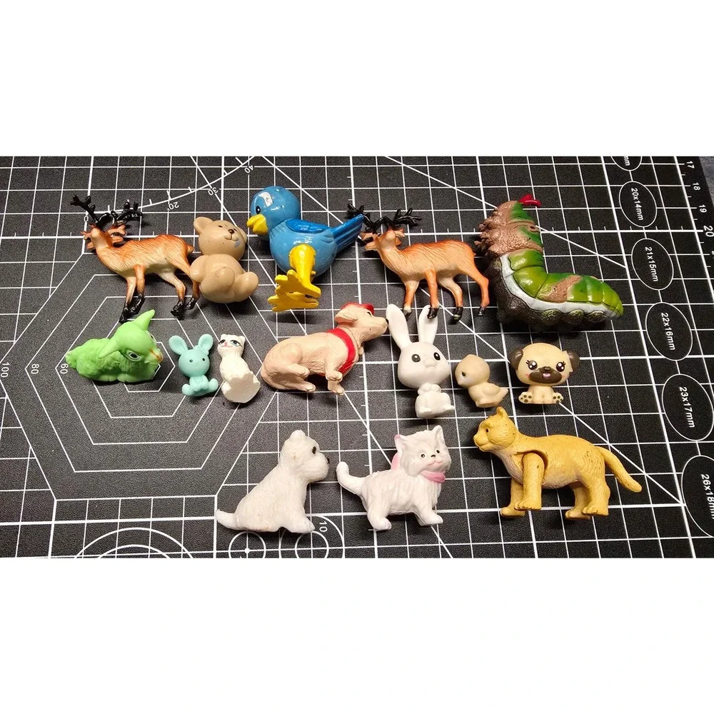 Vintage Mixed Animal Figurine Lot Miniature Plastic PVC Deer Cat Dog Caterpillar